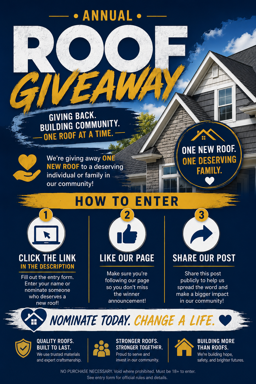 Annual Free Roof Giveaway poster from Elliott Roofing and Repair: one new roof for one deserving family in Middle Georgia